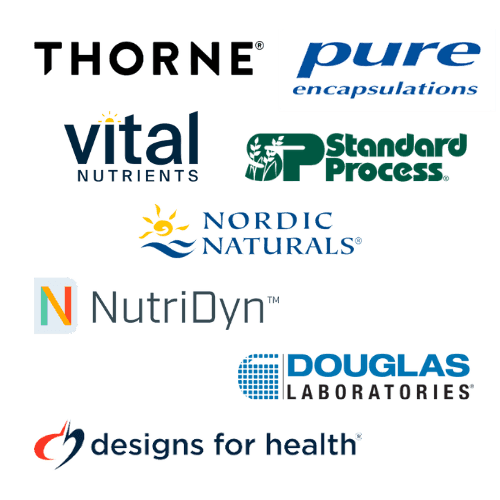 Logos of various health and nutrition brands on a white background.