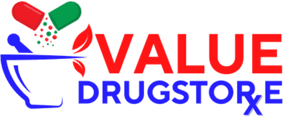 Value Drugstore logo featuring a mortar and pestle, colorful pills, and the brand name "VALUE DRUGSTORE" in red and blue, representing the pharmacy's commitment to health solutions and customer appreciation.