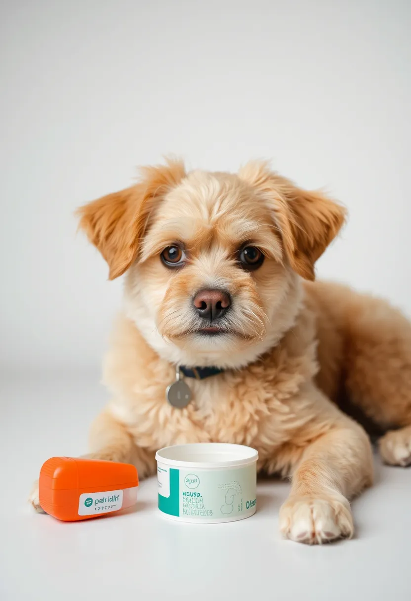 Dog with fluffy fur sitting beside pet wellness products, including a container and an orange applicator, emphasizing pet health and well-being.