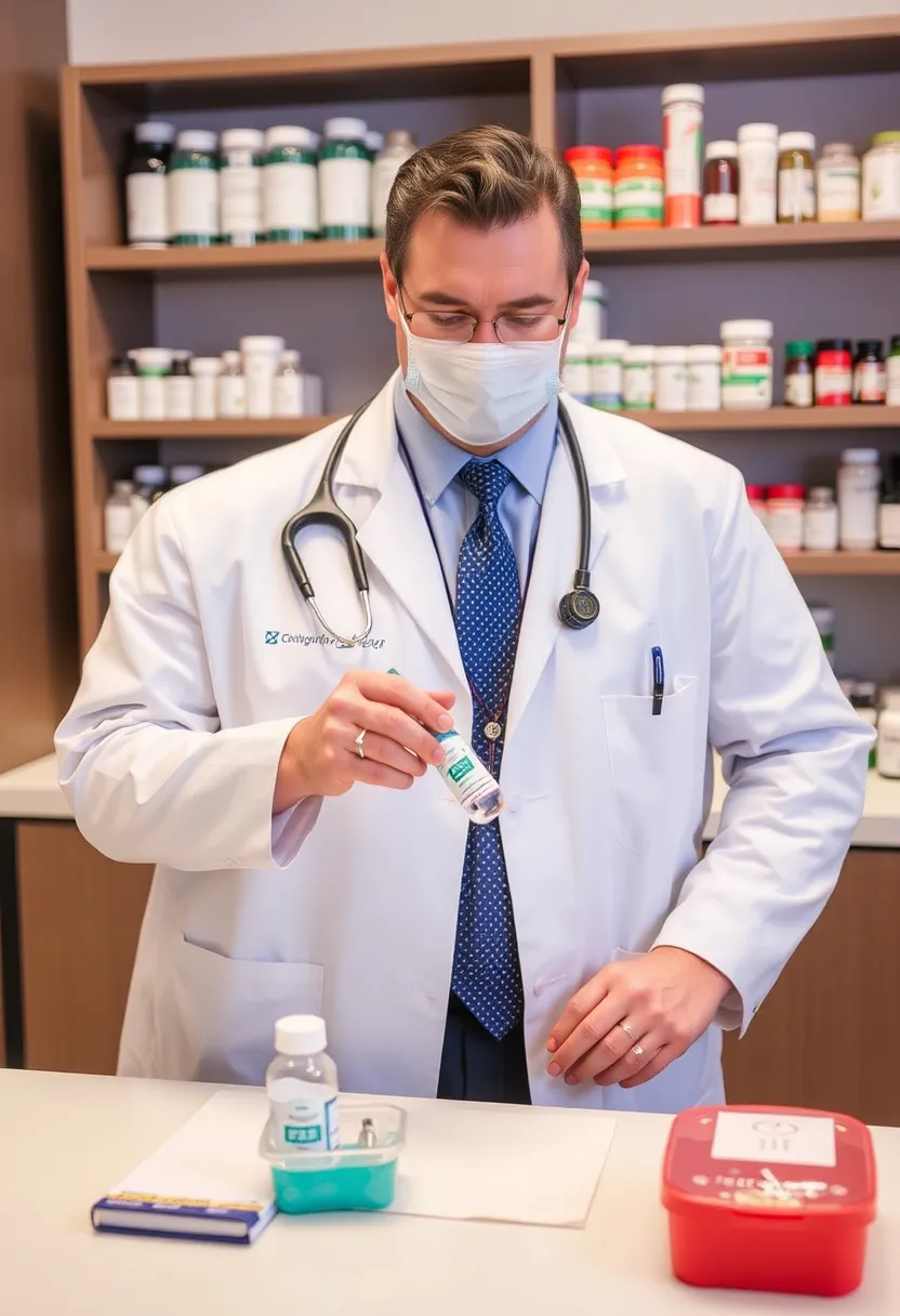 Healthcare professional in a white coat and mask preparing a medication in a pharmacy setting, surrounded by various pharmaceutical products, illustrating Value Drugstore's personalized compounding and medication management services.