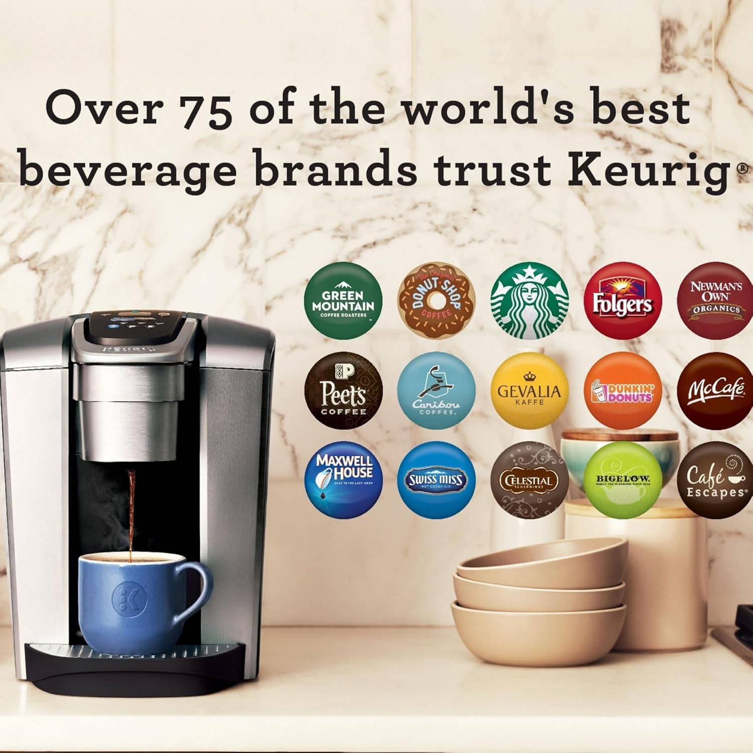 Keurig K-Elite coffee maker brewing a cup, surrounded by various coffee brand pods, with text highlighting trusted beverage brands.