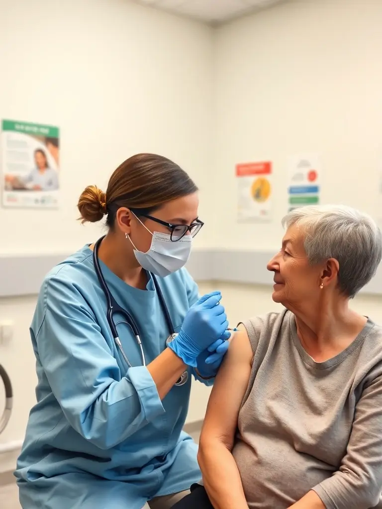 Healthcare professional administering a vaccine to a senior woman in a clinical setting, emphasizing immunization services at Value Drugstore.