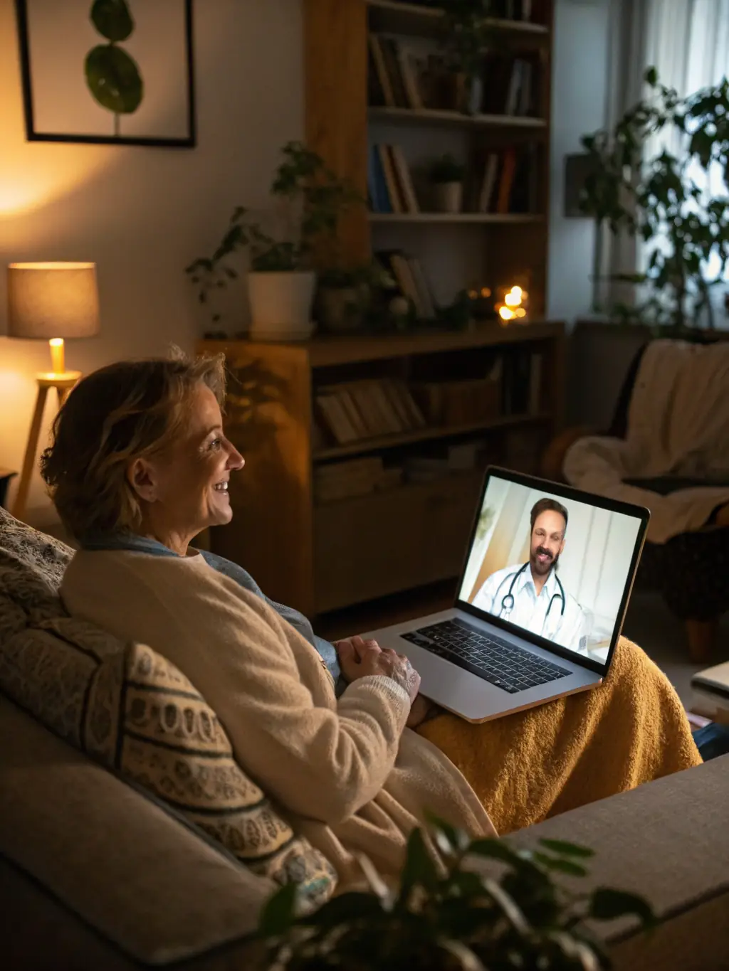 Woman engaging in telehealth consultation with a doctor on a laptop, cozy home setting, emphasizing remote healthcare services.