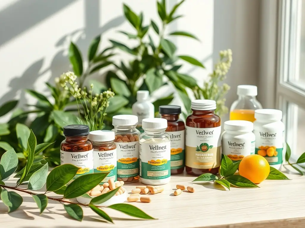 A display of various natural supplement bottles and herbal products, representing Value Drugstore's selection of natural supplements.