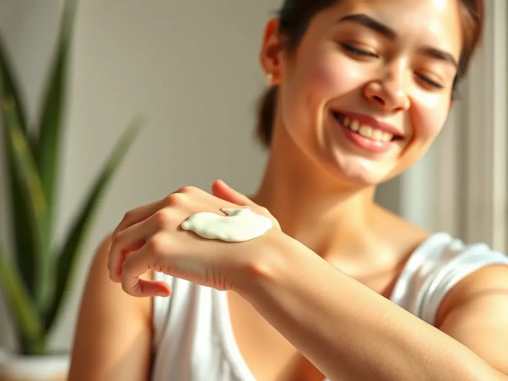 A person smiling while applying a custom-compounded topical cream, illustrating the comfort and ease of use that personalized medications can provide.
