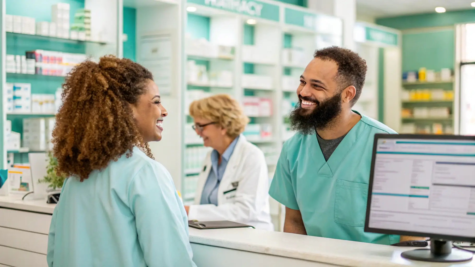 Pharmacy staff engaging with customers, promoting personalized healthcare services at Value Drugstore.