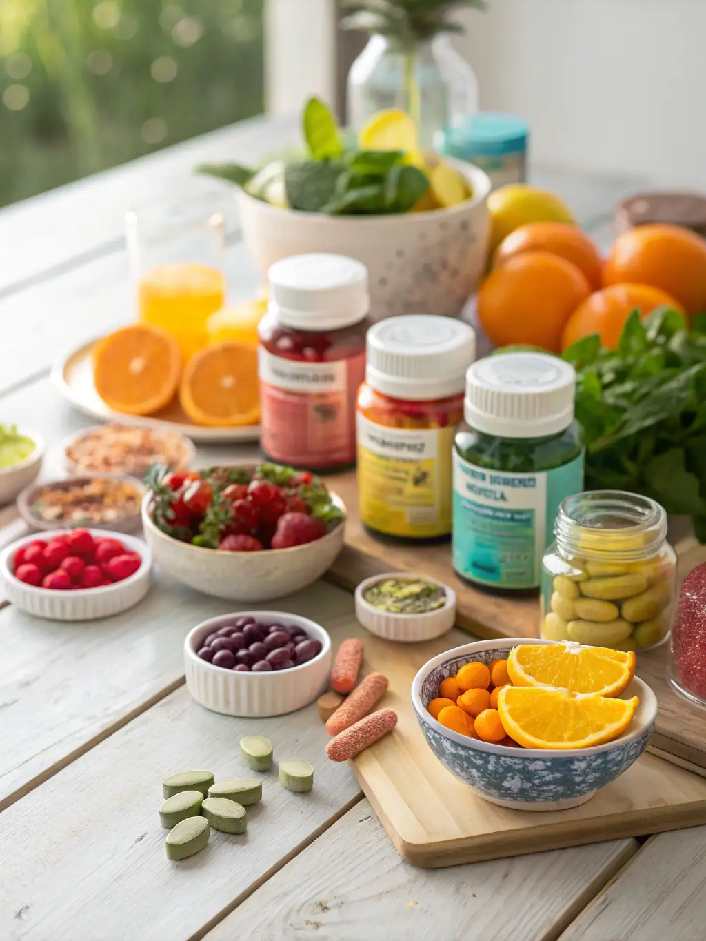 Natural supplements including vitamins and herbal remedies, fresh fruits like oranges, and various dietary capsules on a wooden table, emphasizing health and wellness.