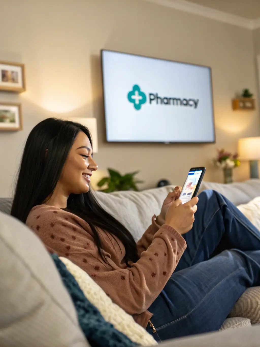 Woman using a tablet on a couch, smiling, with a pharmacy logo displayed on a TV in the background, illustrating telehealth consultations and online pharmacy services.