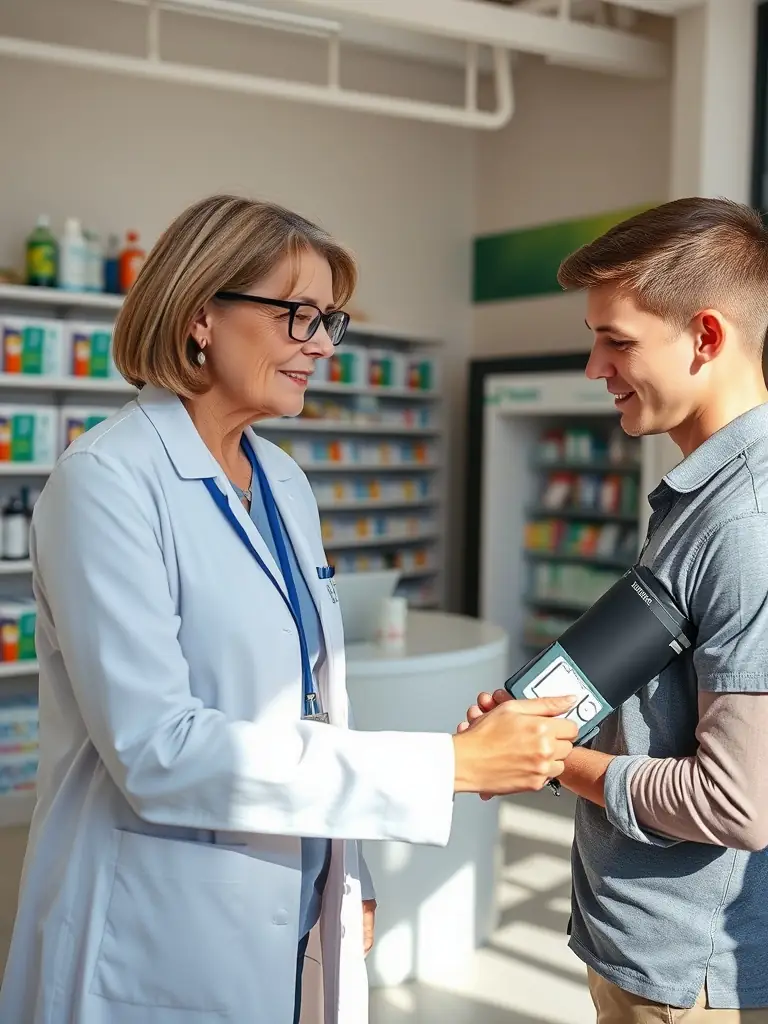 Pharmacist consulting with a patient in a pharmacy, discussing health and wellness services, emphasizing personalized care and medication management.