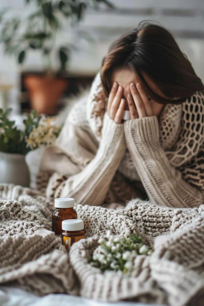 Person showing flu symptoms with soothing remedies nearby