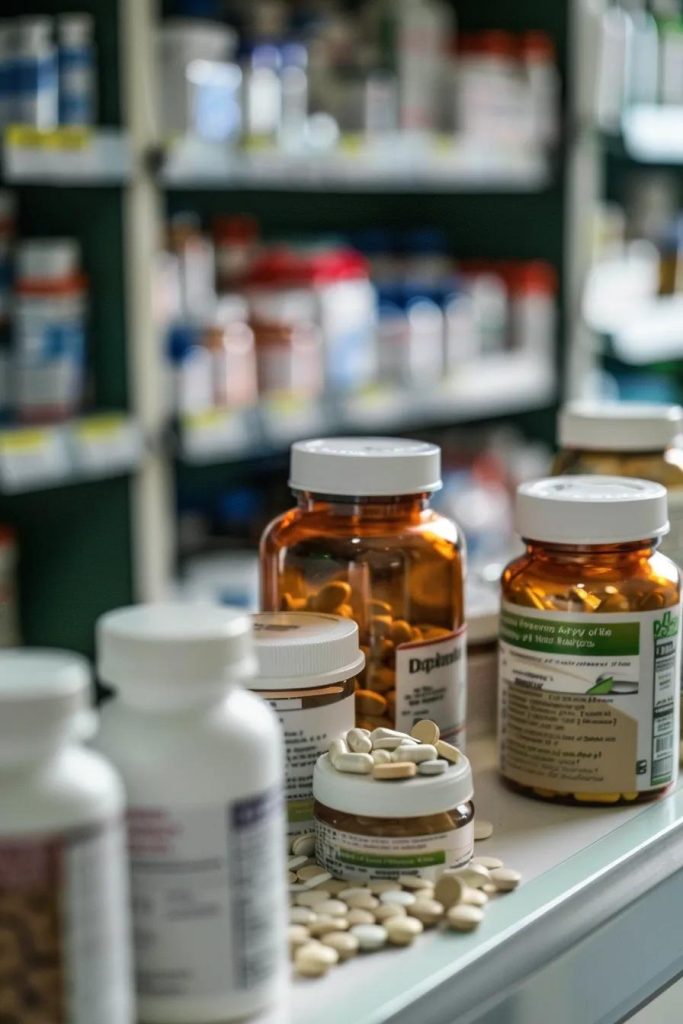 Medication bottles and supplements on a pharmacy counter, representing options for treating high cholesterol