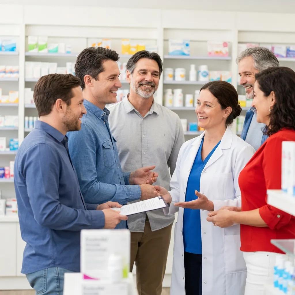 Diverse adults consulting with a pharmacist about vaccinations in a community pharmacy
