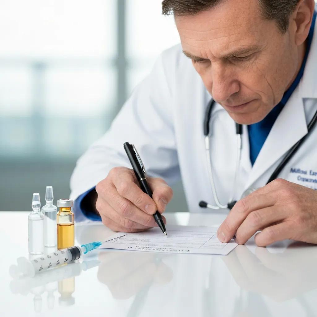 Healthcare professional filling out a vaccination card with vials and a syringe on the table