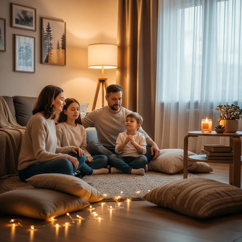 A family doing simple mindfulness and breathing exercises together at home