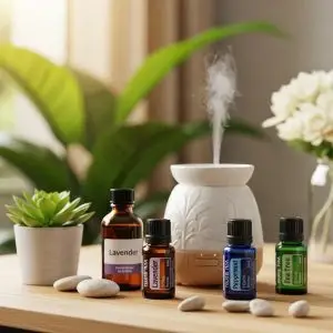 Aromatherapy setup with diffuser and essential oils promoting relaxation and wellness