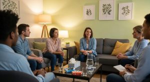 Group support session for people quitting smoking in a warm, welcoming setting