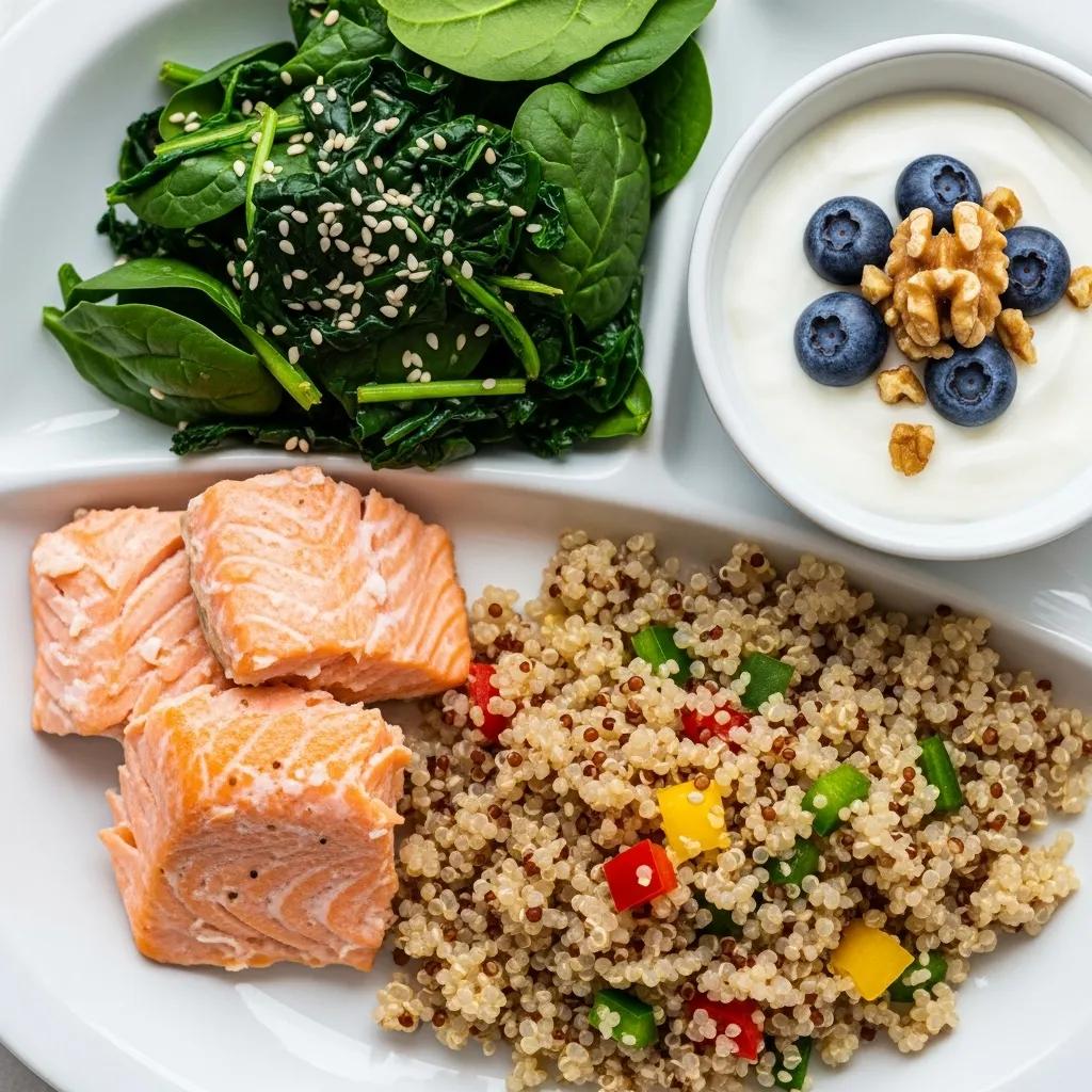 Balanced plate of nutrient-dense foods for older adults including protein, vegetables, and whole grains