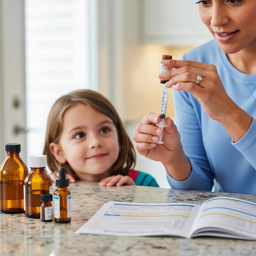 Caregiver using an oral syringe to measure a child’s liquid medication carefully