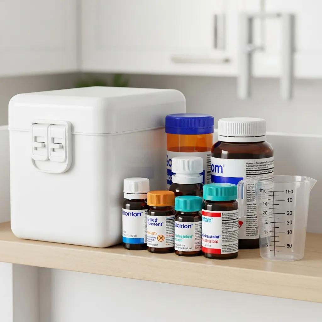 Child-resistant storage box placed on a high shelf with labeled medicine bottles