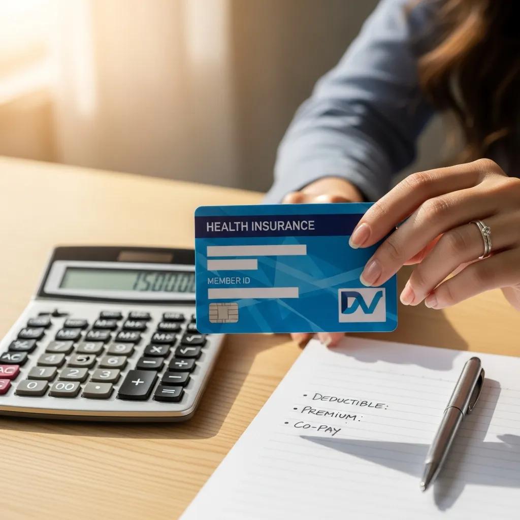 Close-up of a hand holding a health insurance card with a calculator and notepad in the background