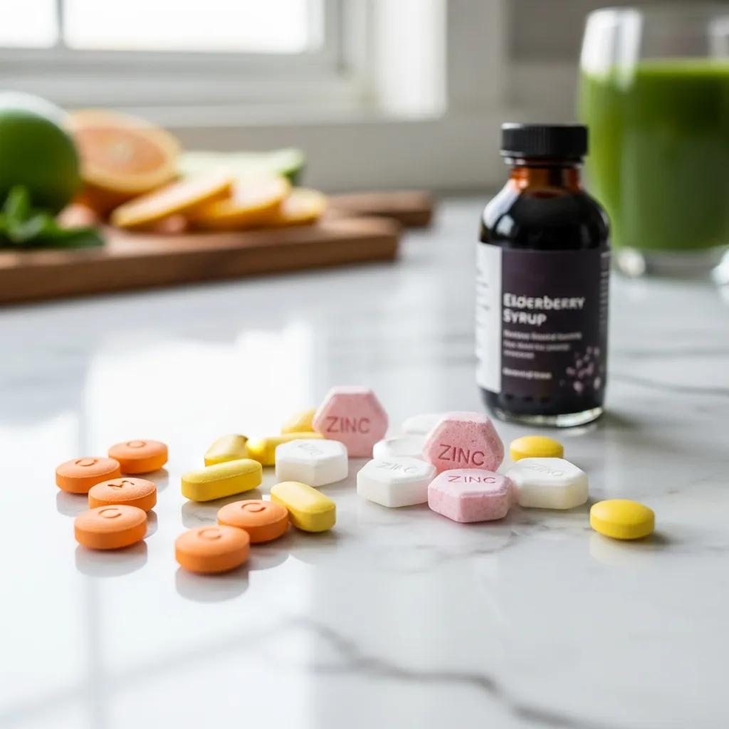 Close-up of supplements such as vitamin C, zinc, and elderberry commonly used for immune support