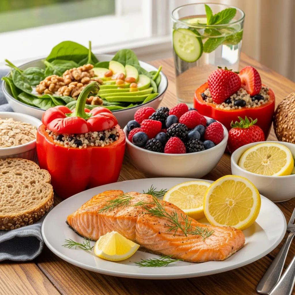 A neatly arranged spread of heart-friendly foods&mdash;whole grains, colorful vegetables, fruits&mdash;showing easy choices for daily meals