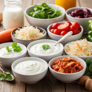 Colorful assortment of probiotic-rich foods like yogurt, kefir, and sauerkraut promoting gut health