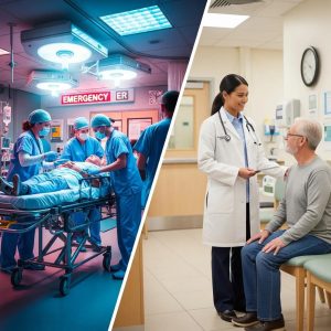 Comparison of an emergency room and urgent care clinic showcasing medical professionals in action