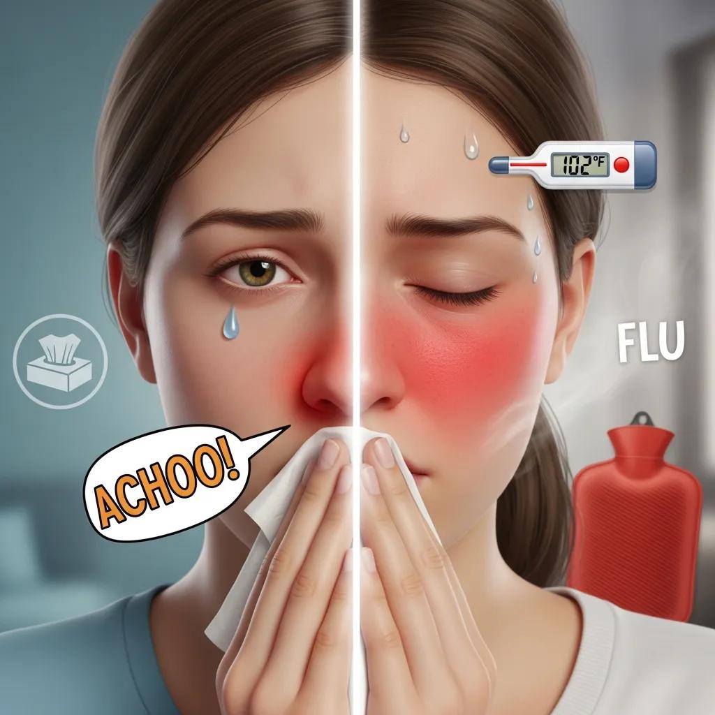Side-by-side comparison of cold and flu symptoms showing differences in onset and severity