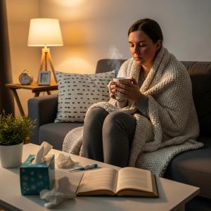 Cozy home scene with a person caring for themselves during a cold or flu, emphasizing comfort and home remedies