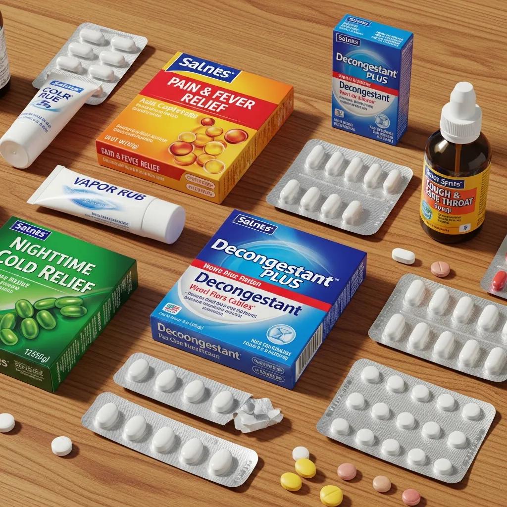 Display of over-the-counter cold and flu medications showcasing different types and packaging