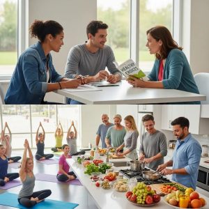 Diverse adults engaging in healthy activities, emphasizing community and well-being related to BMI