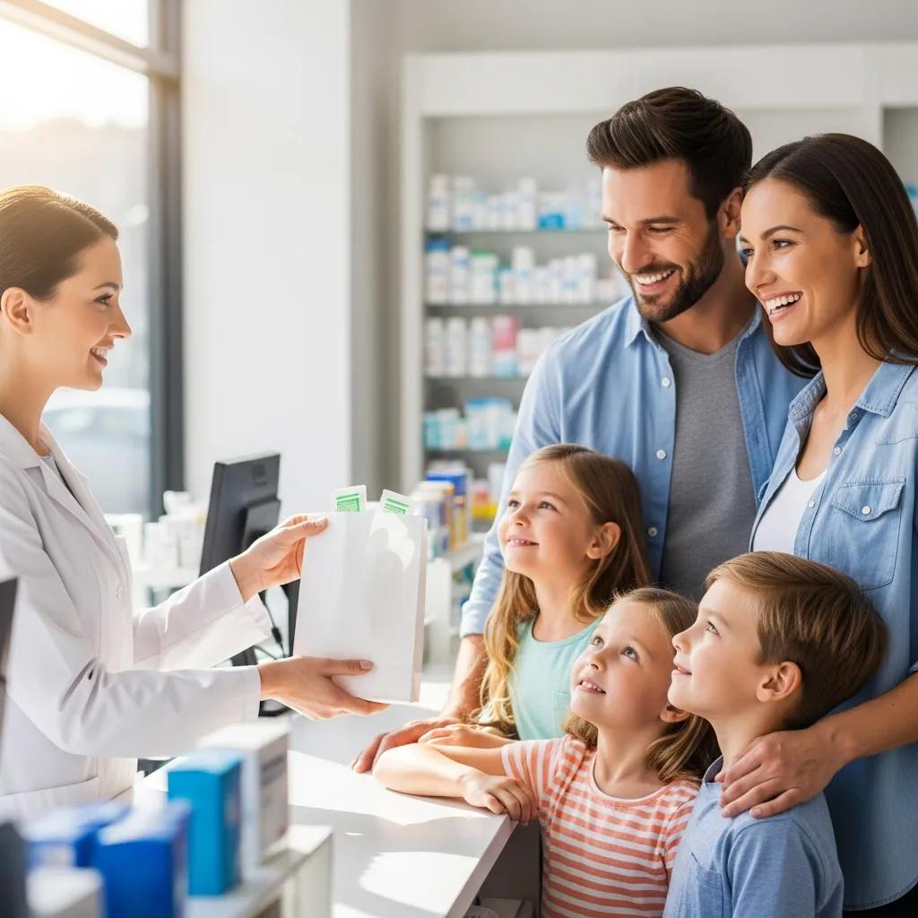 Family receiving generic medications at a pharmacy, showcasing cost savings