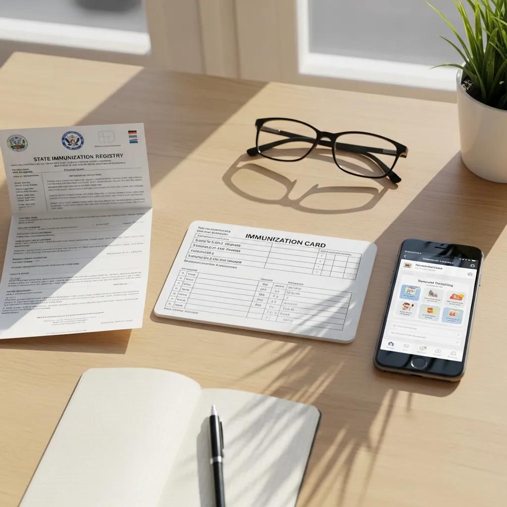 A flat lay of vaccination-tracking tools: paper card, smartphone app, and calendar to show easy record keeping