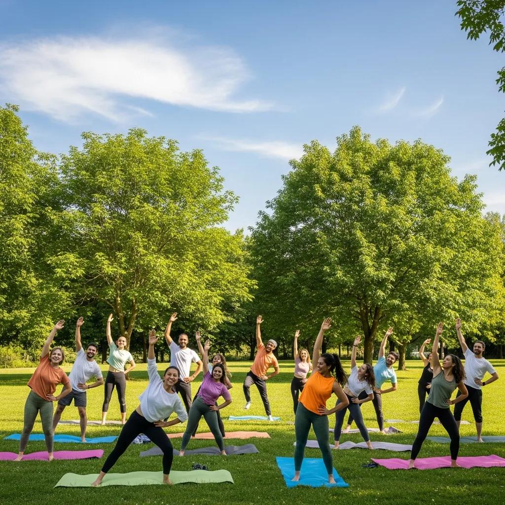 People taking part in an outdoor group exercise class in a park