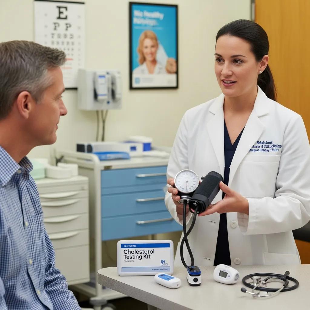 Healthcare professional demonstrating health screening tools to a patient during an annual check-up