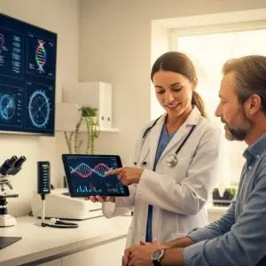 Healthcare professional explaining personalized medicine concepts to a patient in a modern clinic setting