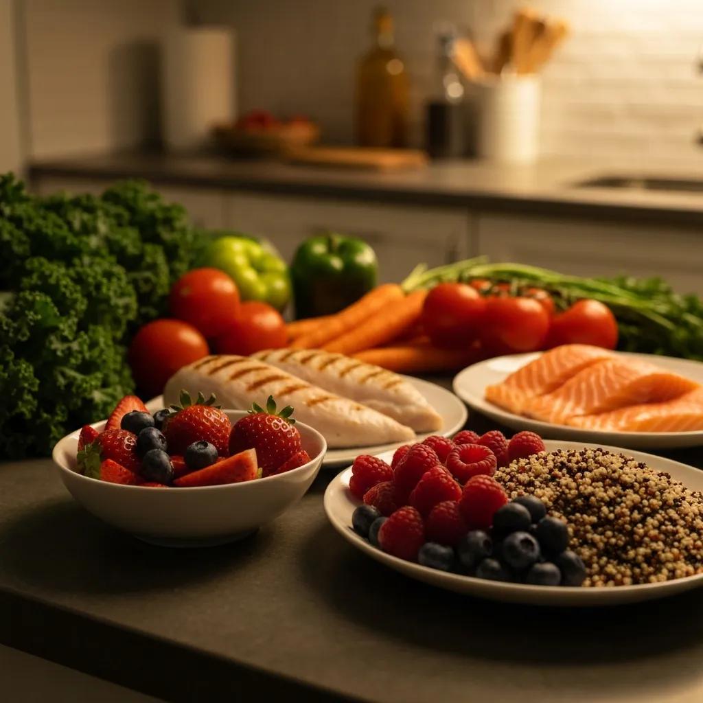 Healthy foods on a kitchen counter, showing the role of nutrition alongside hormone therapy for weight management