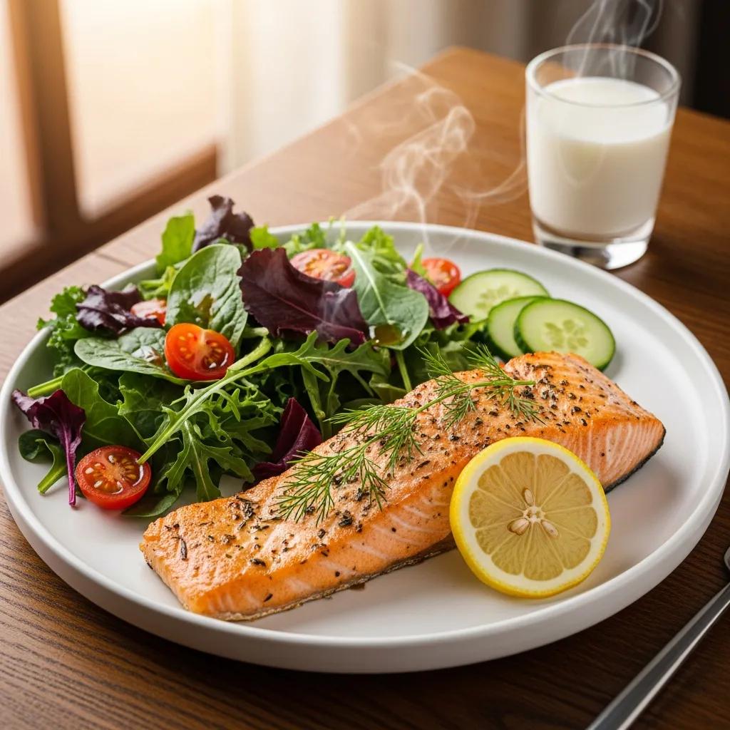 Healthy meal featuring salmon, leafy greens, and fortified milk, emphasizing sources of vitamin D and calcium