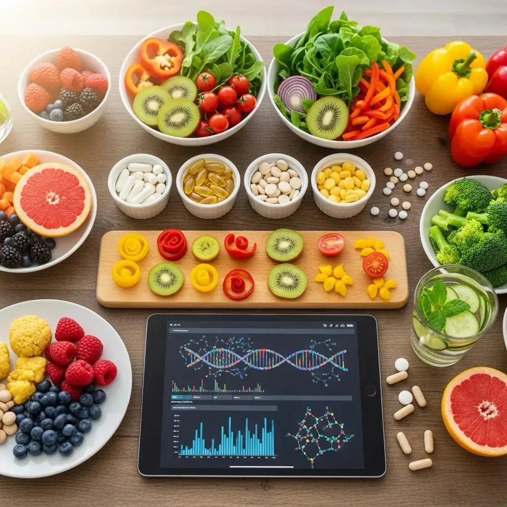 healthy-meal-spread-showcasing-foods-for-precision-nutrition-alongside-genomic-data-on-a-tablet-82b9a849-7e99-45eb-aa0e-8436ee771d79webp - Value Drugstore: Your Local Family Pharmacy in Baltimore, MD Healthy meal spread and genomic data on a tablet illustrating precision nutrition