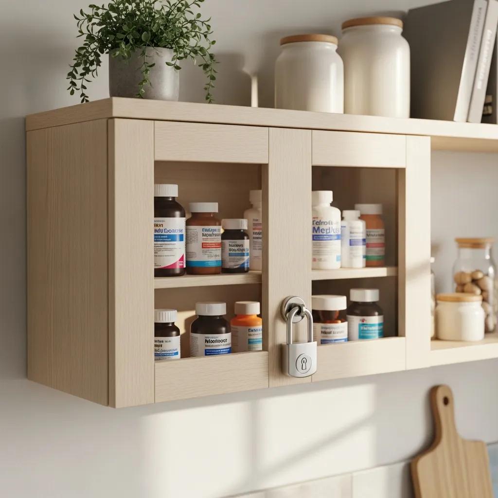 High shelf with locked cabinet containing child-proof medication storage solutions in a family kitchen