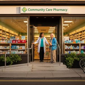 Local pharmacy storefront with pharmacist assisting a customer, highlighting community health services