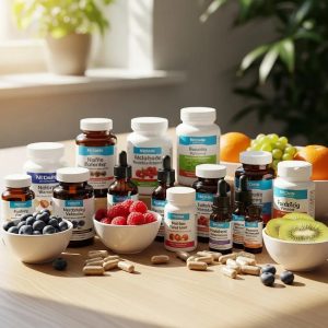 Natural supplements for immune health including vitamins and herbs on a kitchen table