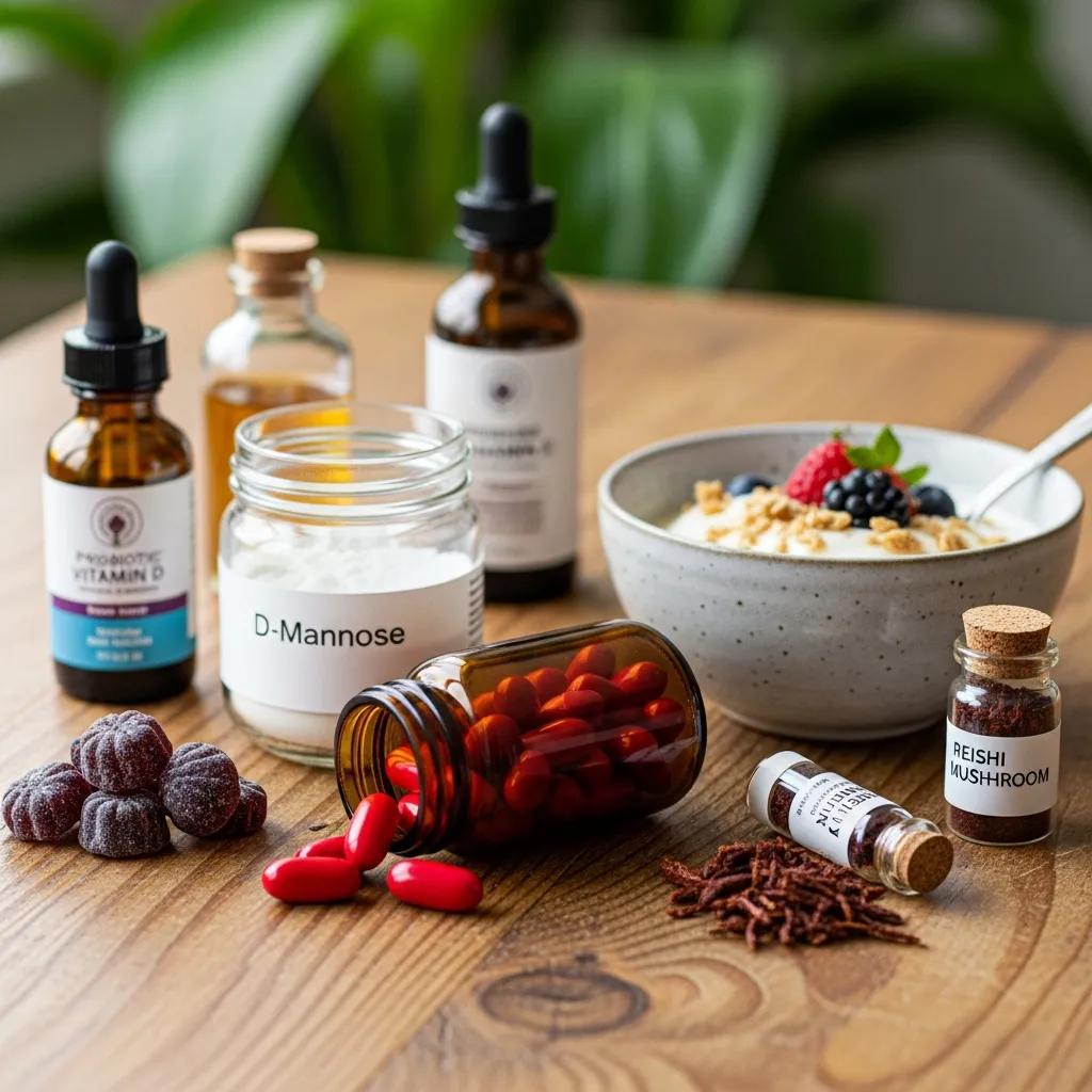 Natural supplements for urinary health including cranberry capsules, D-mannose powder, and probiotic yogurt