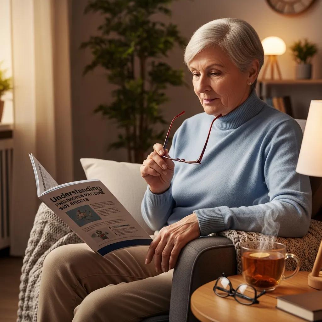 Older adult reading information about pneumonia vaccine side effects at home