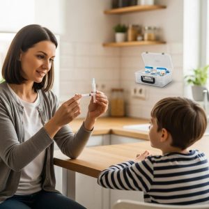 Parent and child practicing safe medication measurement in a cozy kitchen
