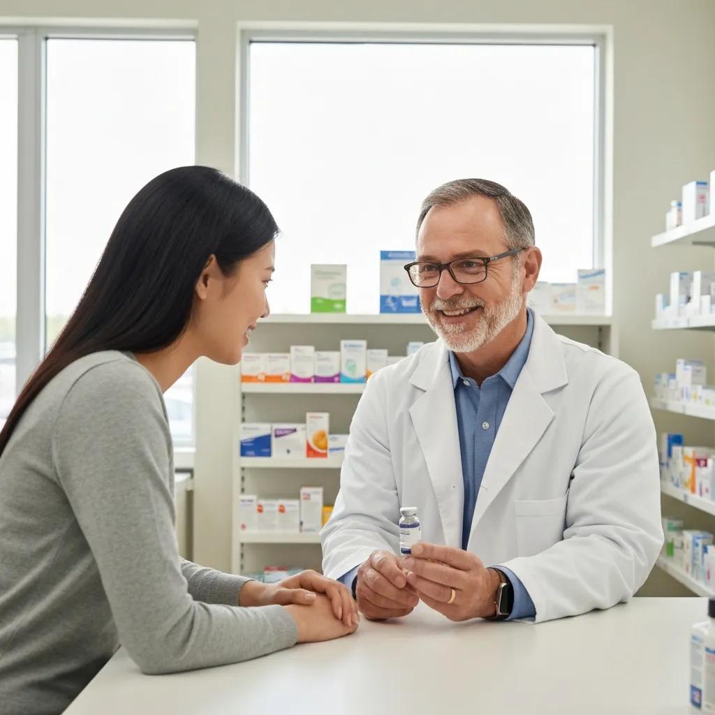 Patient speaking with a pharmacist about personalized compounded medication options at the pharmacy counter
