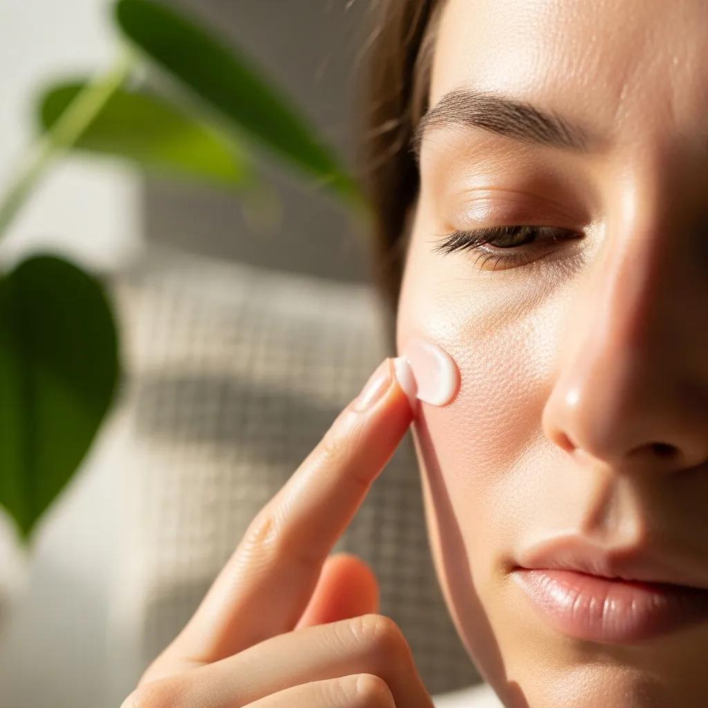 Applying a calming rosacea cream to the face in a gentle, natural environment