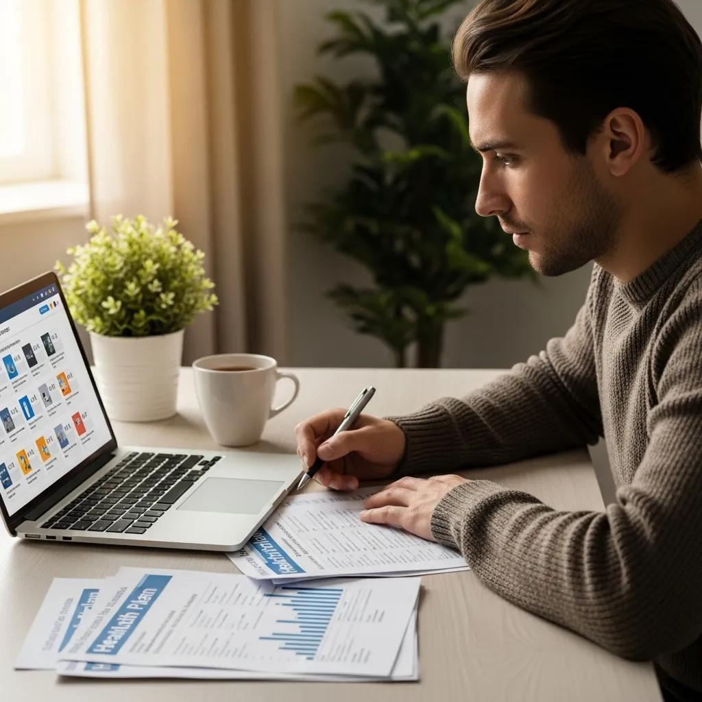 Person comparing health insurance plans on a laptop at a desk with printed summaries
