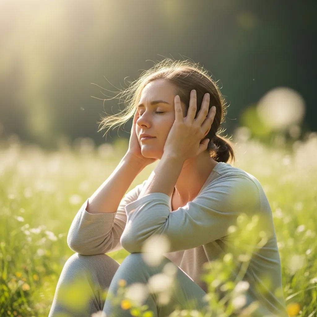 Person experiencing headache relief in a tranquil setting